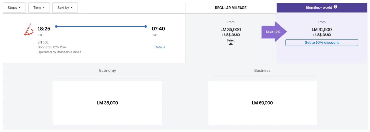 LifeMiles award on Brussels Airlines from JFK-BRU for 35,000 in economy or 69,000 in business class